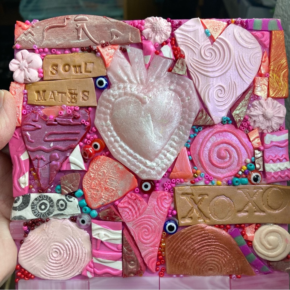 Handmade Mosaic Art “ Soul Mates “Polymer Clay Original On Wood 6”x6”